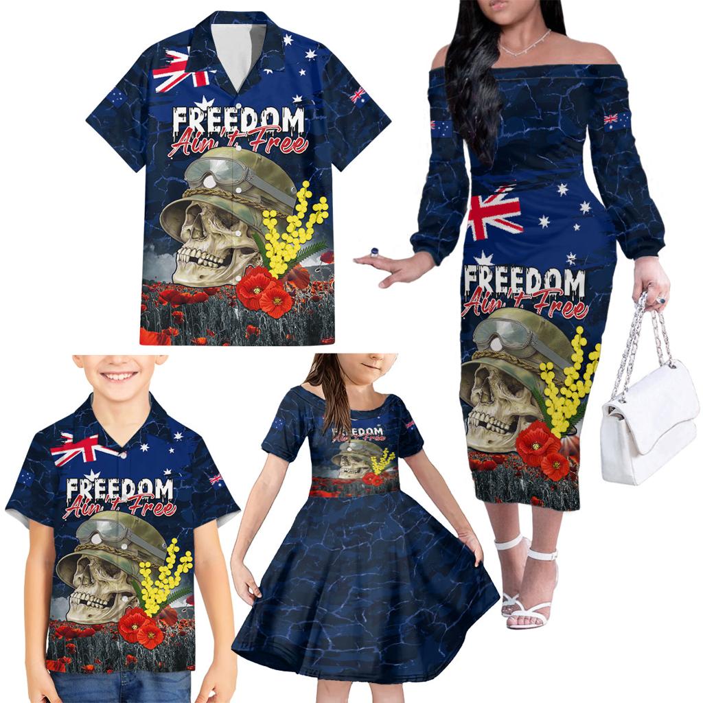 Australia ANZAC Day Family Matching Off The Shoulder Long Sleeve Dress and Hawaiian Shirt Freedom Ain't Free