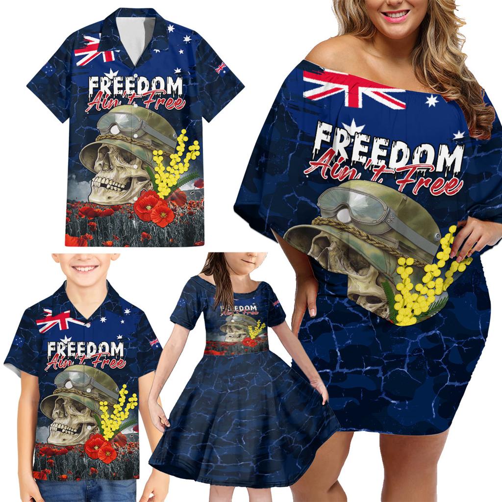 Australia ANZAC Day Family Matching Off Shoulder Short Dress and Hawaiian Shirt Freedom Ain't Free