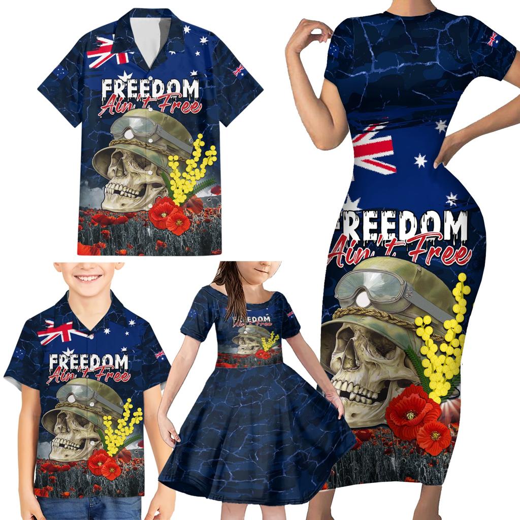 Australia ANZAC Day Family Matching Short Sleeve Bodycon Dress and Hawaiian Shirt Freedom Ain't Free