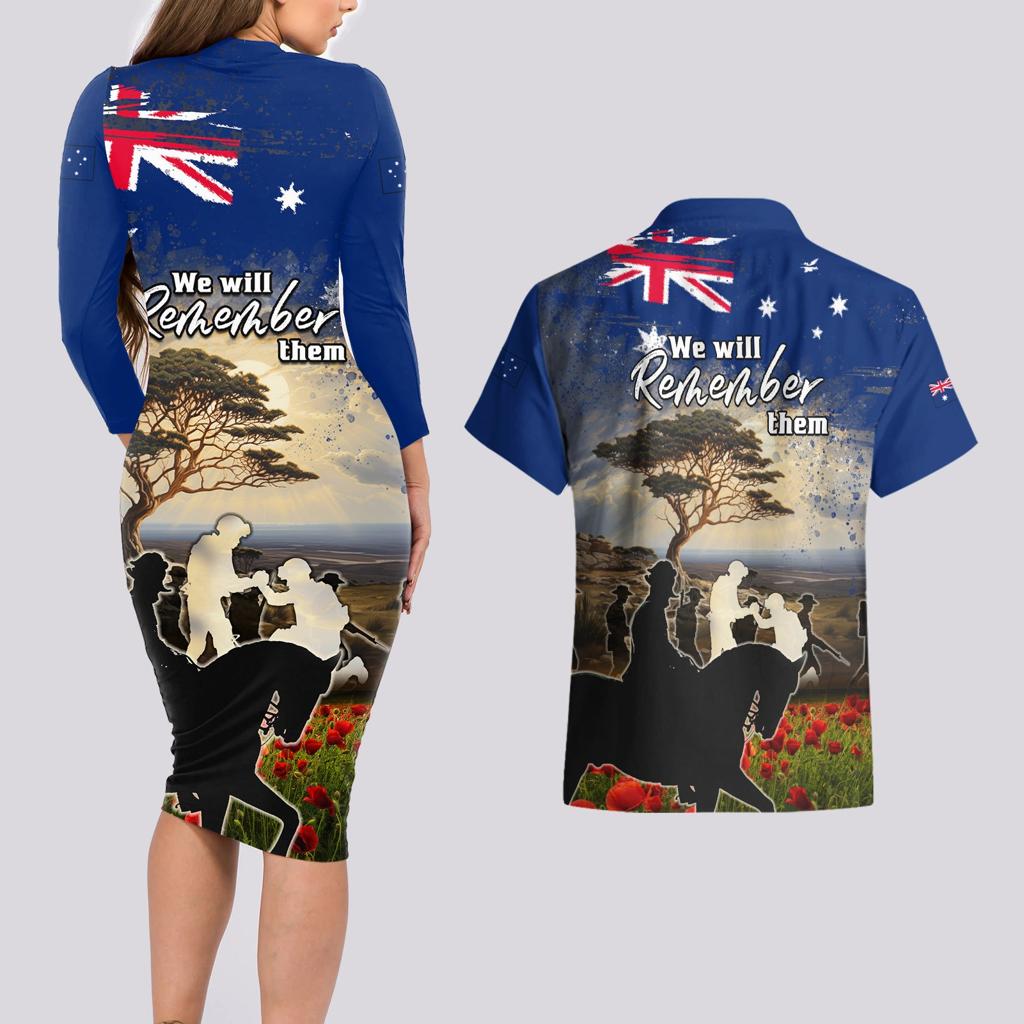 Australia ANZAC Day Couples Matching Long Sleeve Bodycon Dress and Hawaiian Shirt The Lonesome Pine