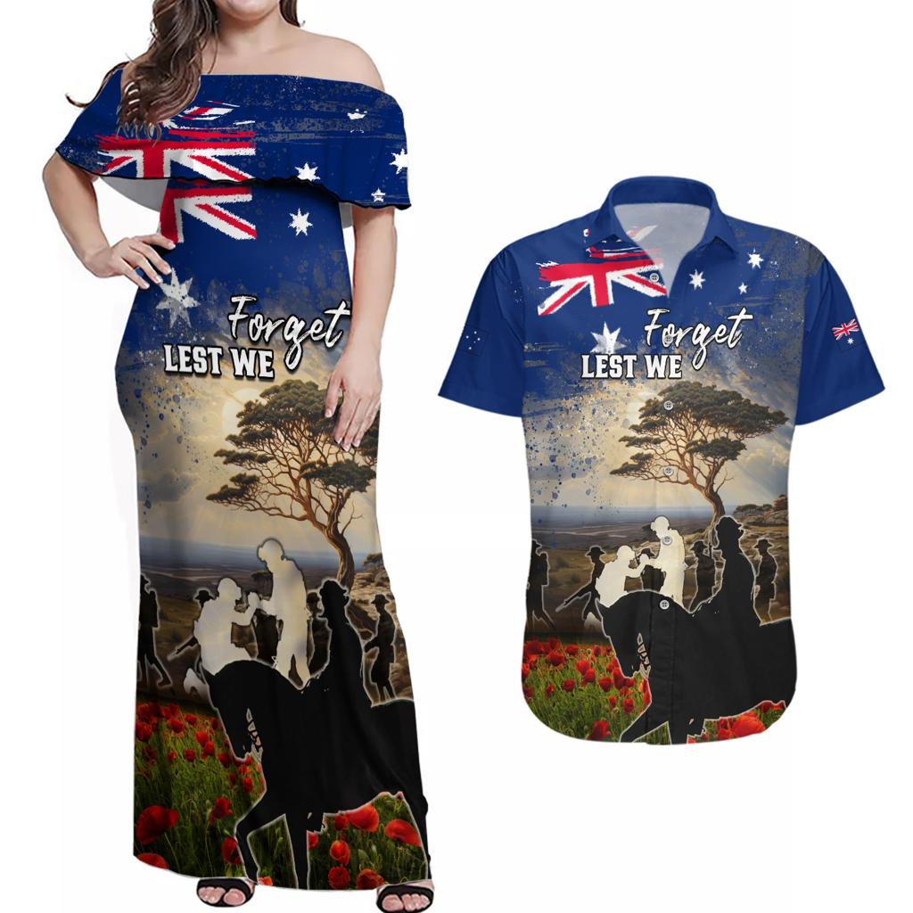 Australia ANZAC Day Couples Matching Off Shoulder Maxi Dress and Hawaiian Shirt The Lonesome Pine