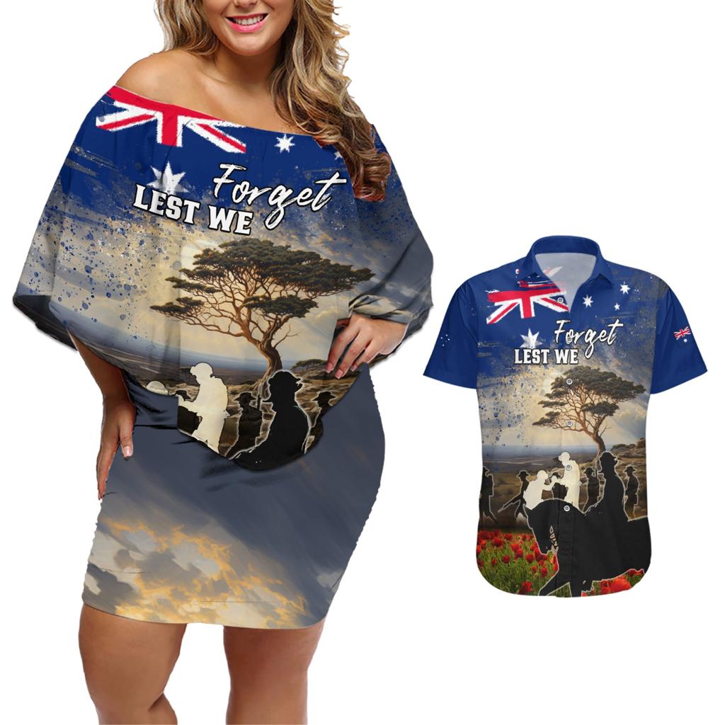 Australia ANZAC Day Couples Matching Off Shoulder Short Dress and Hawaiian Shirt The Lonesome Pine