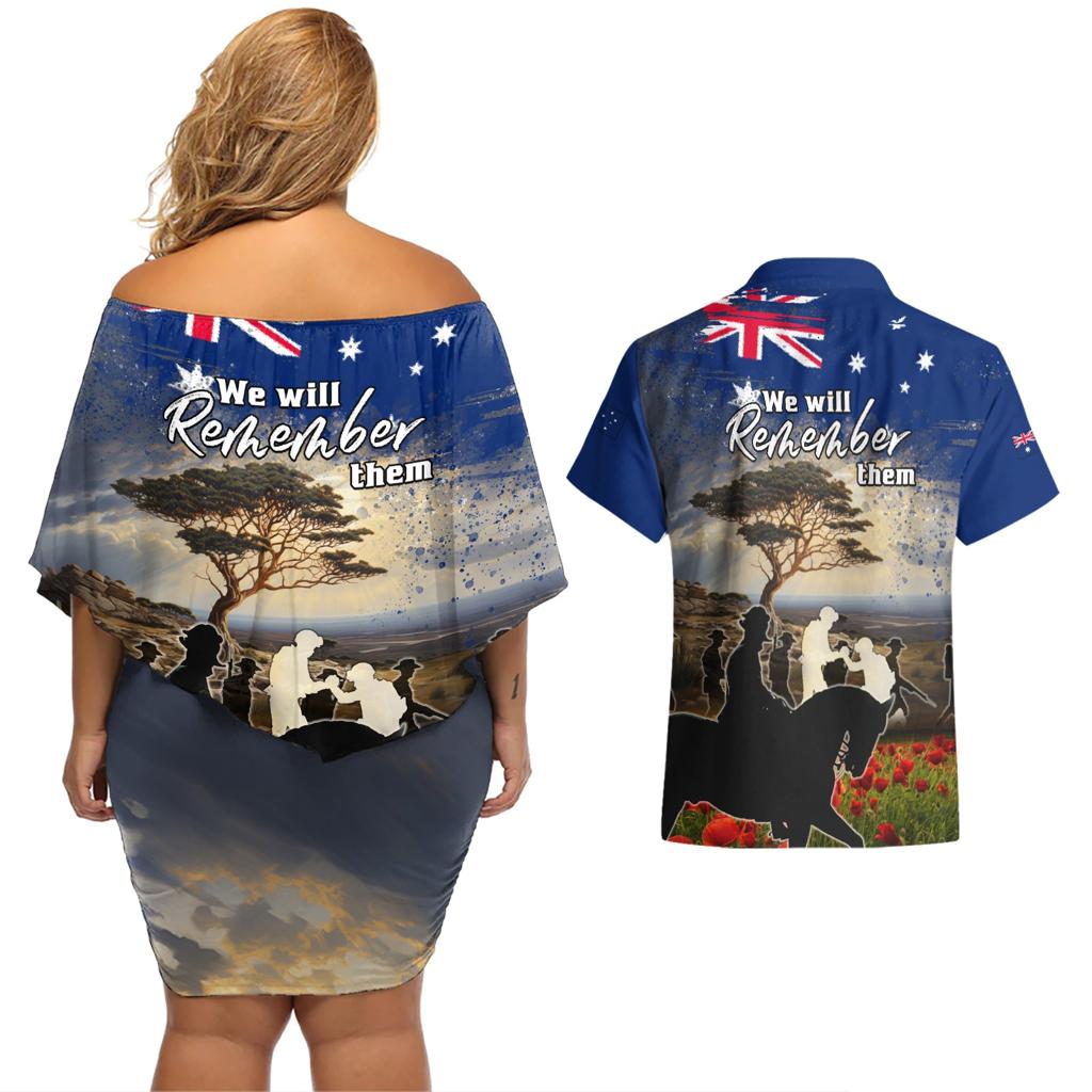 Australia ANZAC Day Couples Matching Off Shoulder Short Dress and Hawaiian Shirt The Lonesome Pine