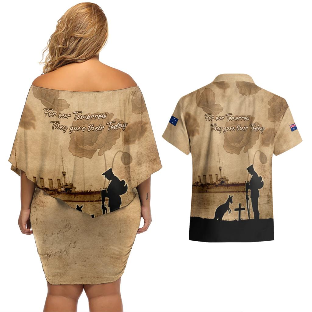 Australia ANZAC Day Couples Matching Off Shoulder Short Dress and Hawaiian Shirt HMAS Sydney I Chatham-Class Light Cruiser