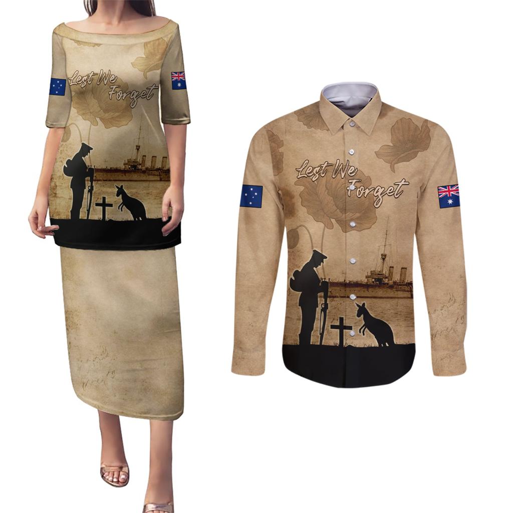 Australia ANZAC Day Couples Matching Puletasi and Long Sleeve Button Shirt HMAS Sydney I Chatham-Class Light Cruiser