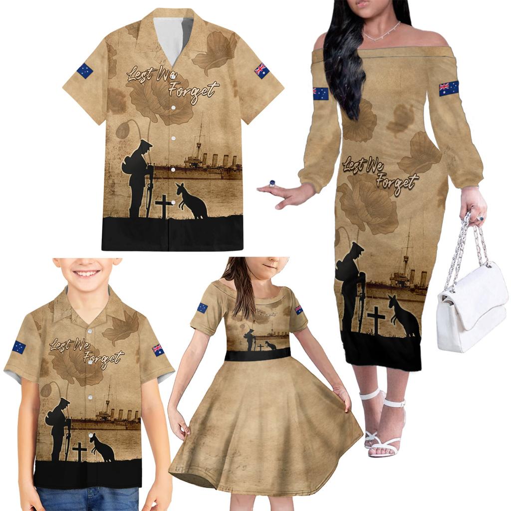 Australia ANZAC Day Family Matching Off The Shoulder Long Sleeve Dress and Hawaiian Shirt HMAS Sydney I Chatham-Class Light Cruiser