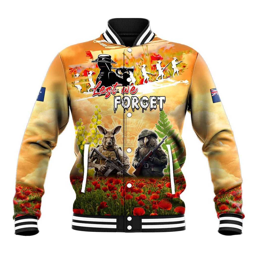 Australia And New Zealand ANZAC Day Baseball Jacket Kangaroo And Kiwi Bird Soldiers Lest We Forget