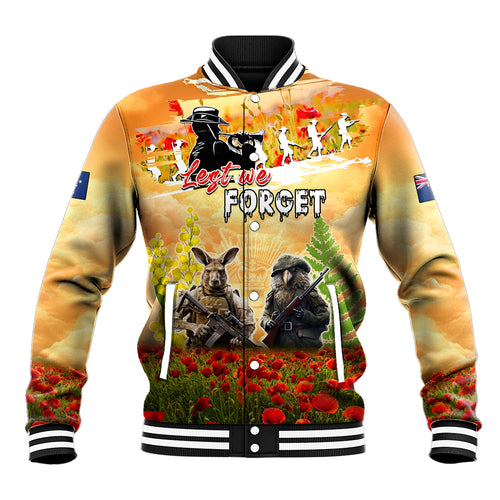 Australia And New Zealand ANZAC Day Baseball Jacket Kangaroo And Kiwi Bird Soldiers Lest We Forget