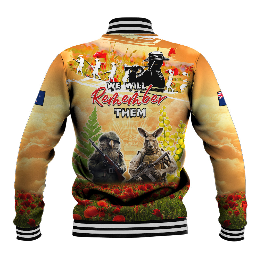 Australia And New Zealand ANZAC Day Baseball Jacket Kangaroo And Kiwi Bird Soldiers Lest We Forget