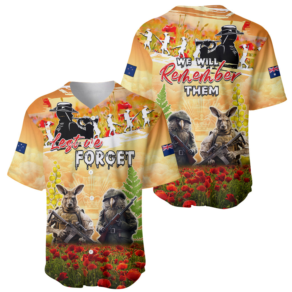 Australia And New Zealand ANZAC Day Baseball Jersey Kangaroo And Kiwi Bird Soldiers Lest We Forget
