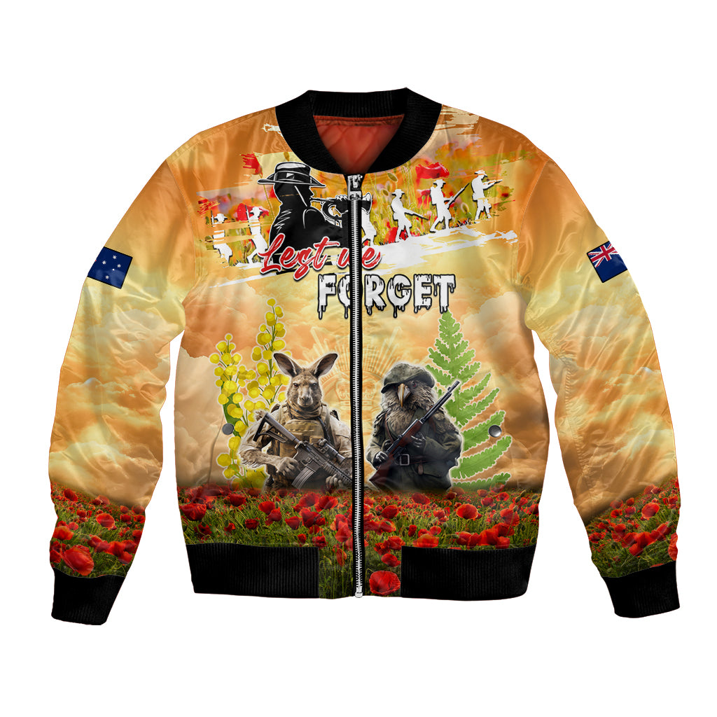 Australia And New Zealand ANZAC Day Bomber Jacket Kangaroo And Kiwi Bird Soldiers Lest We Forget