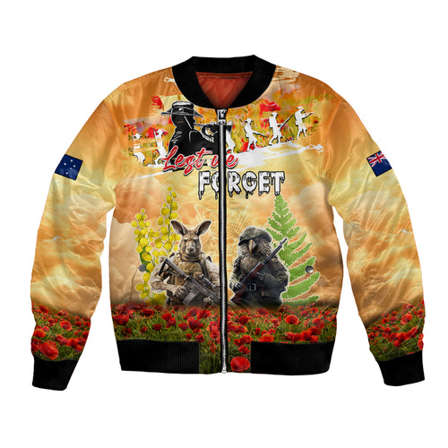 Australia And New Zealand ANZAC Day Bomber Jacket Kangaroo And Kiwi Bird Soldiers Lest We Forget