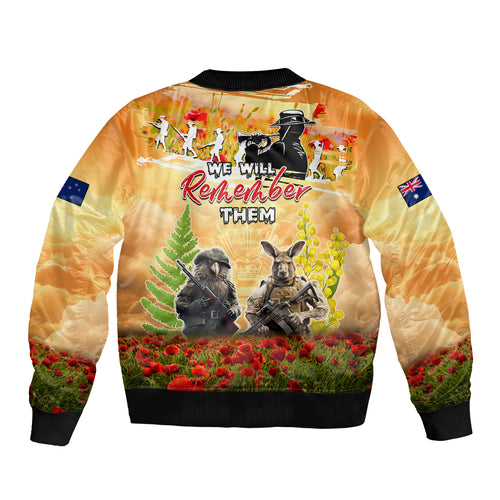 Australia And New Zealand ANZAC Day Bomber Jacket Kangaroo And Kiwi Bird Soldiers Lest We Forget