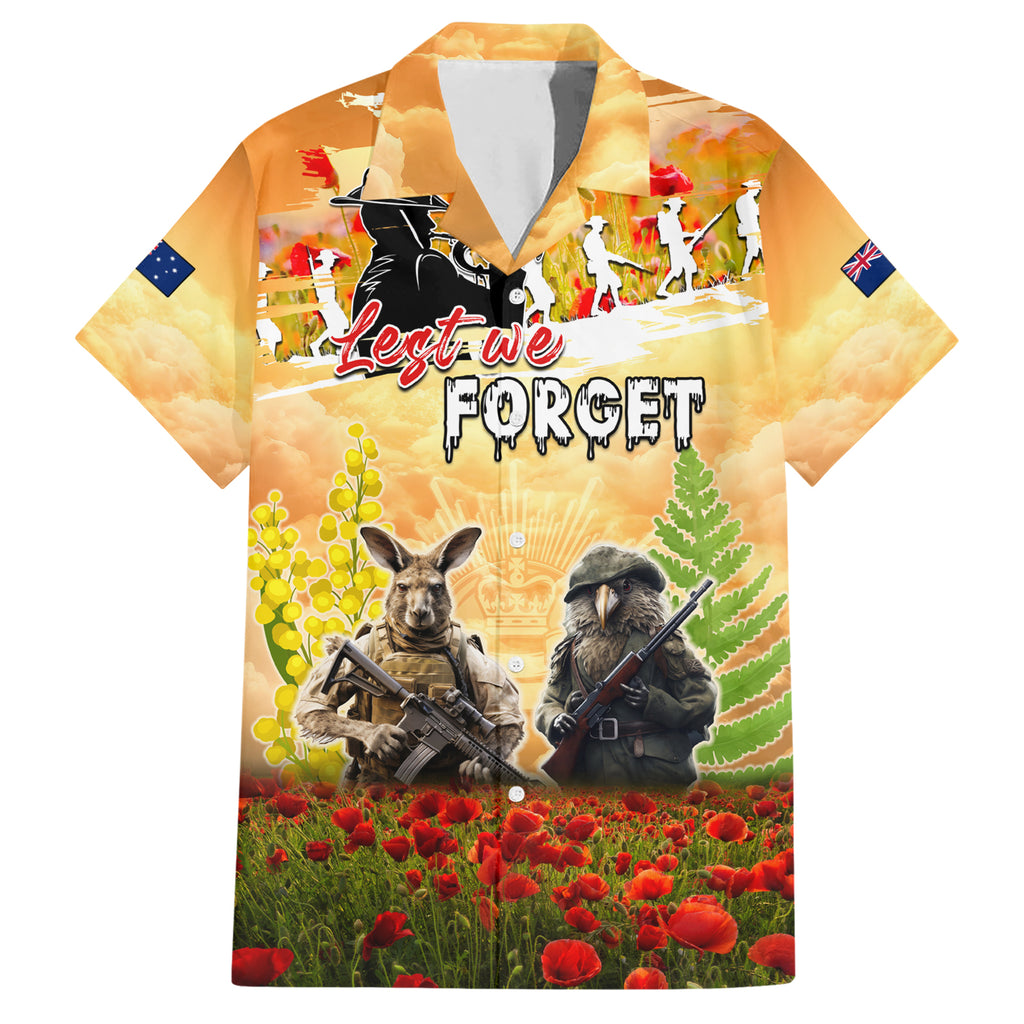 Australia And New Zealand ANZAC Day Hawaiian Shirt Kangaroo And Kiwi Bird Soldiers Lest We Forget