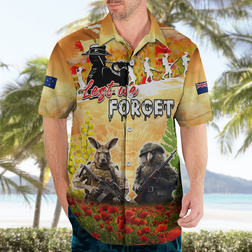 Australia And New Zealand ANZAC Day Hawaiian Shirt Kangaroo And Kiwi Bird Soldiers Lest We Forget