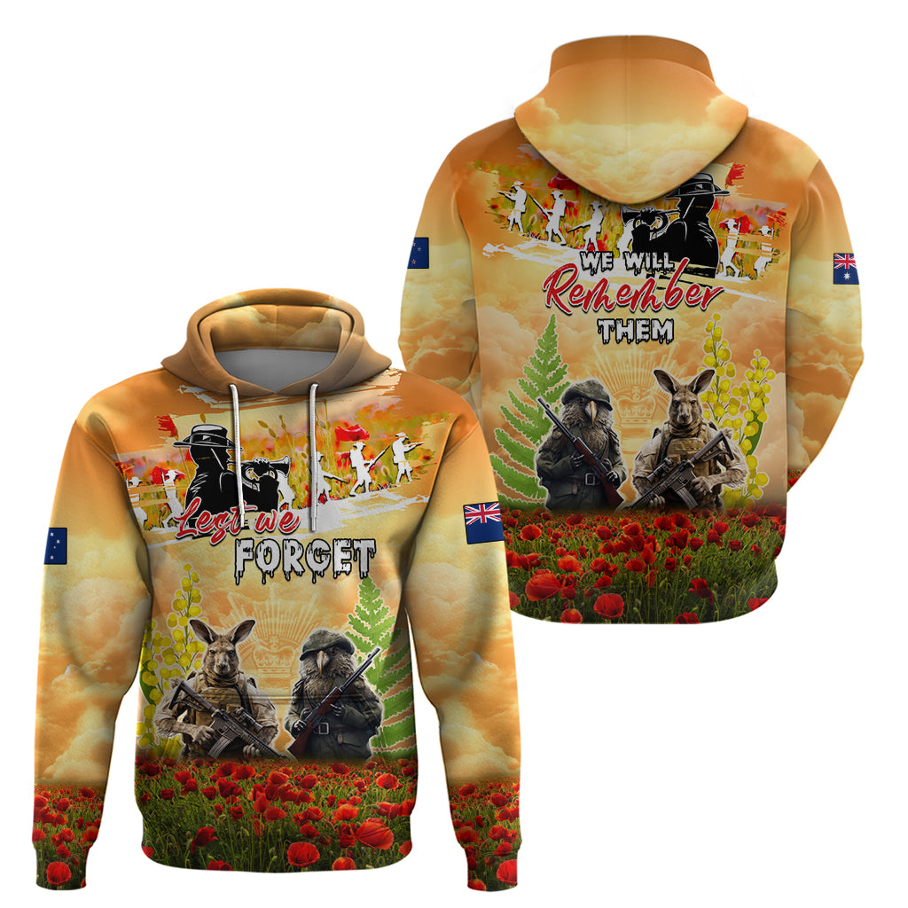 Australia And New Zealand ANZAC Day Hoodie Kangaroo And Kiwi Bird Soldiers Lest We Forget