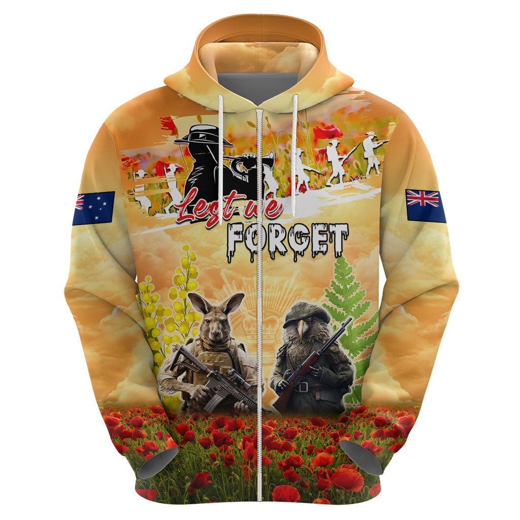 Australia And New Zealand ANZAC Day Hoodie Kangaroo And Kiwi Bird Soldiers Lest We Forget