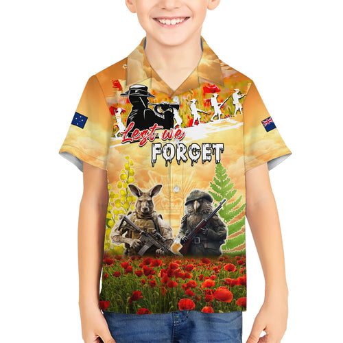 Australia And New Zealand ANZAC Day Kid Hawaiian Shirt Kangaroo And Kiwi Bird Soldiers Lest We Forget
