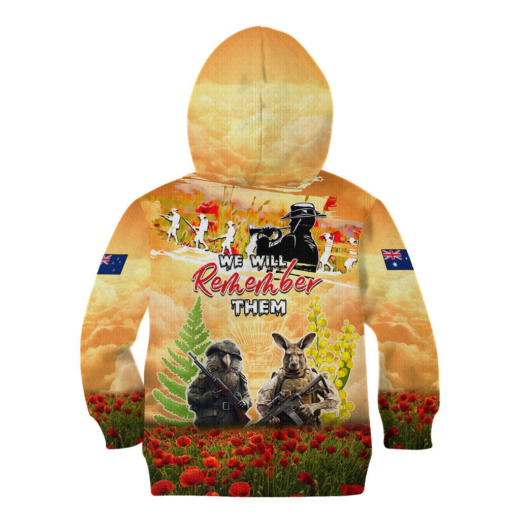 Australia And New Zealand ANZAC Day Kid Hoodie Kangaroo And Kiwi Bird Soldiers Lest We Forget