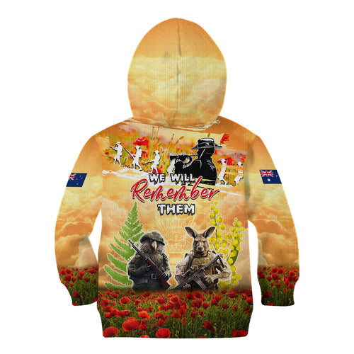 Australia And New Zealand ANZAC Day Kid Hoodie Kangaroo And Kiwi Bird Soldiers Lest We Forget
