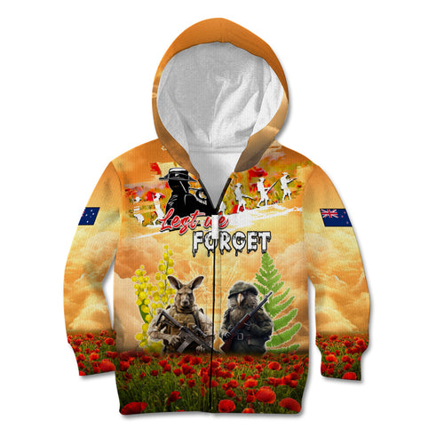 Australia And New Zealand ANZAC Day Kid Hoodie Kangaroo And Kiwi Bird Soldiers Lest We Forget