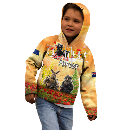Australia And New Zealand ANZAC Day Kid Hoodie Kangaroo And Kiwi Bird Soldiers Lest We Forget