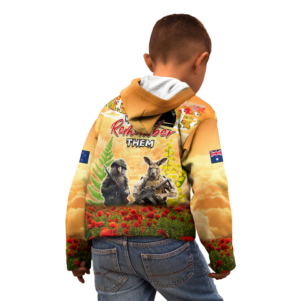 Australia And New Zealand ANZAC Day Kid Hoodie Kangaroo And Kiwi Bird Soldiers Lest We Forget