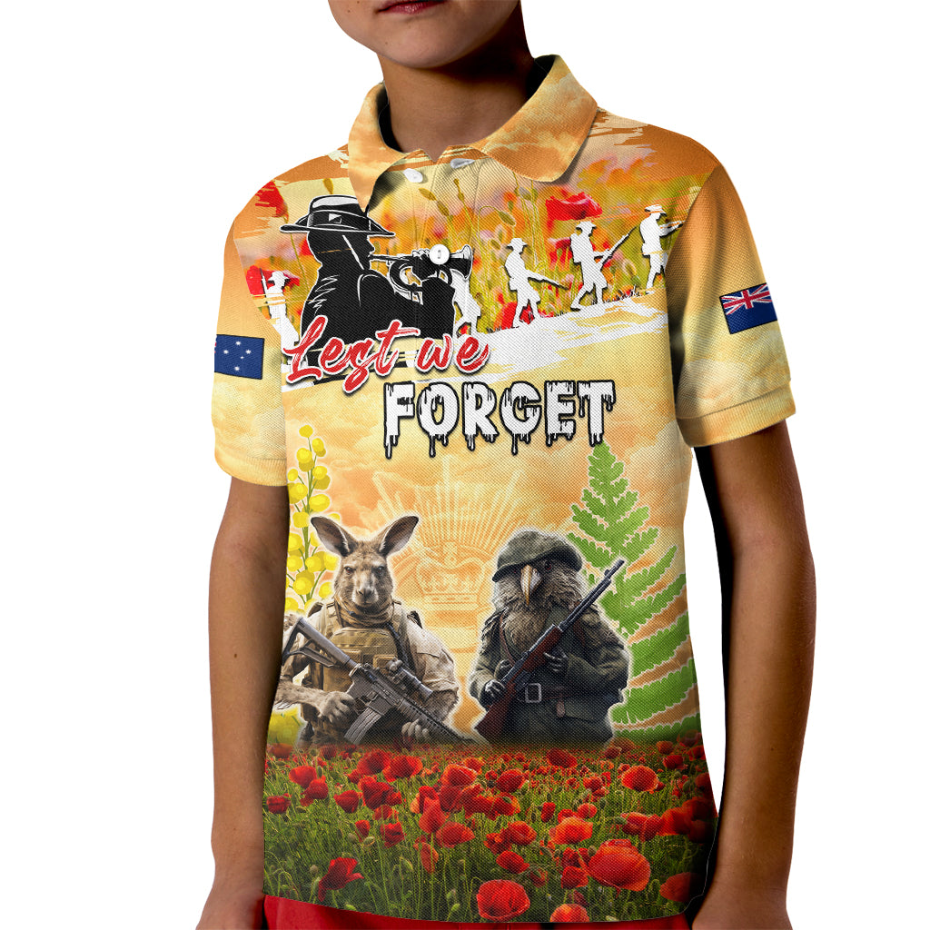 Australia And New Zealand ANZAC Day Kid Polo Shirt Kangaroo And Kiwi Bird Soldiers Lest We Forget