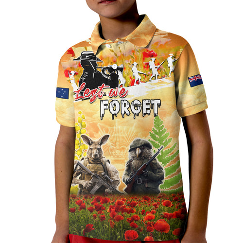 Australia And New Zealand ANZAC Day Kid Polo Shirt Kangaroo And Kiwi Bird Soldiers Lest We Forget