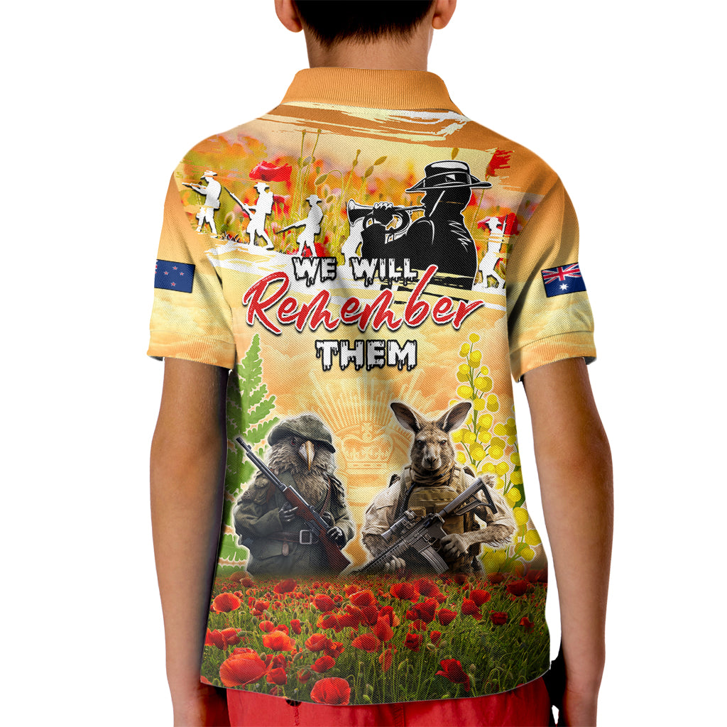 Australia And New Zealand ANZAC Day Kid Polo Shirt Kangaroo And Kiwi Bird Soldiers Lest We Forget