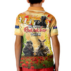 Australia And New Zealand ANZAC Day Kid Polo Shirt Kangaroo And Kiwi Bird Soldiers Lest We Forget