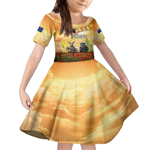 Australia And New Zealand ANZAC Day Kid Short Sleeve Dress Kangaroo And Kiwi Bird Soldiers Lest We Forget