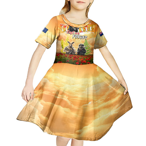 Australia And New Zealand ANZAC Day Kid Short Sleeve Dress Kangaroo And Kiwi Bird Soldiers Lest We Forget