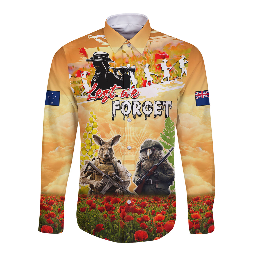Australia And New Zealand ANZAC Day Long Sleeve Button Shirt Kangaroo And Kiwi Bird Soldiers Lest We Forget