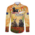 Australia And New Zealand ANZAC Day Long Sleeve Button Shirt Kangaroo And Kiwi Bird Soldiers Lest We Forget
