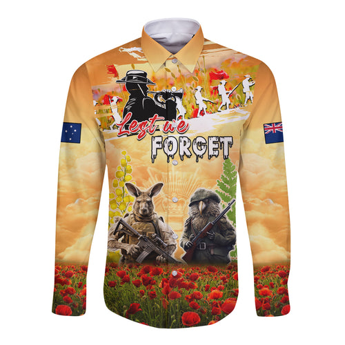 Australia And New Zealand ANZAC Day Long Sleeve Button Shirt Kangaroo And Kiwi Bird Soldiers Lest We Forget