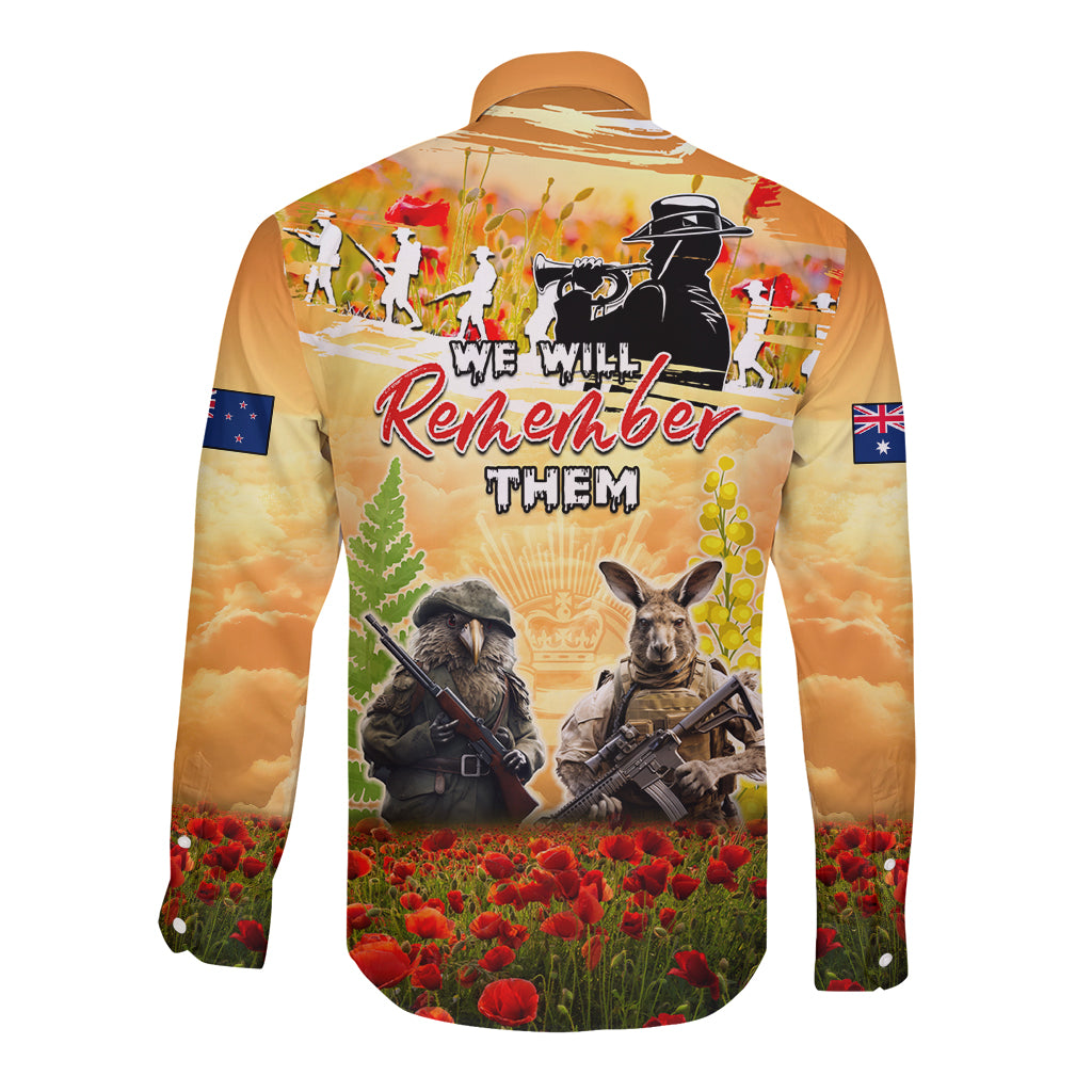 Australia And New Zealand ANZAC Day Long Sleeve Button Shirt Kangaroo And Kiwi Bird Soldiers Lest We Forget