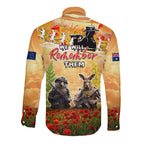 Australia And New Zealand ANZAC Day Long Sleeve Button Shirt Kangaroo And Kiwi Bird Soldiers Lest We Forget