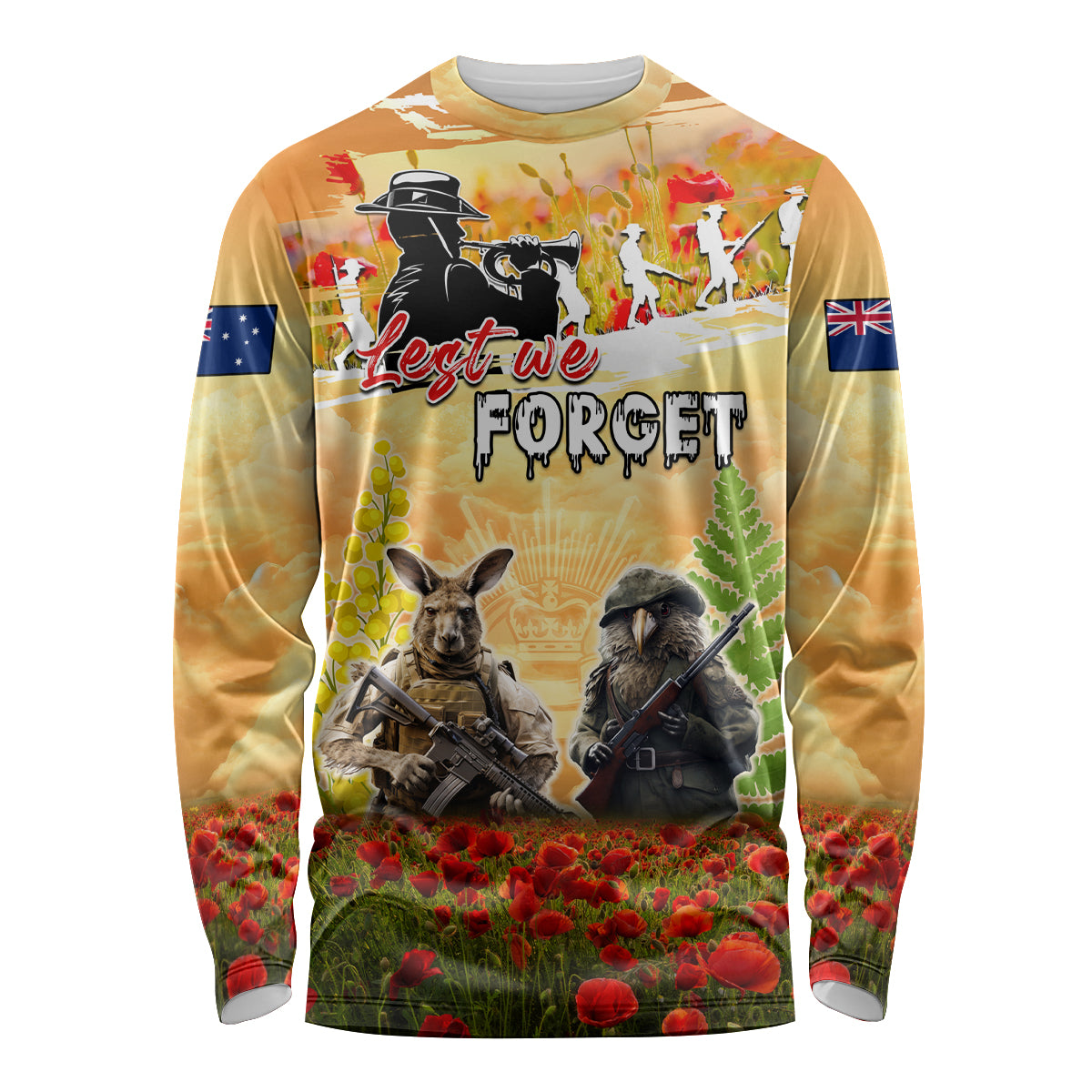 Australia And New Zealand ANZAC Day Long Sleeve Shirt Kangaroo And Kiwi Bird Soldiers Lest We Forget