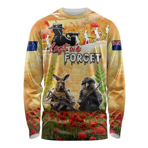 Australia And New Zealand ANZAC Day Long Sleeve Shirt Kangaroo And Kiwi Bird Soldiers Lest We Forget