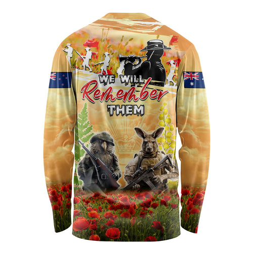 Australia And New Zealand ANZAC Day Long Sleeve Shirt Kangaroo And Kiwi Bird Soldiers Lest We Forget