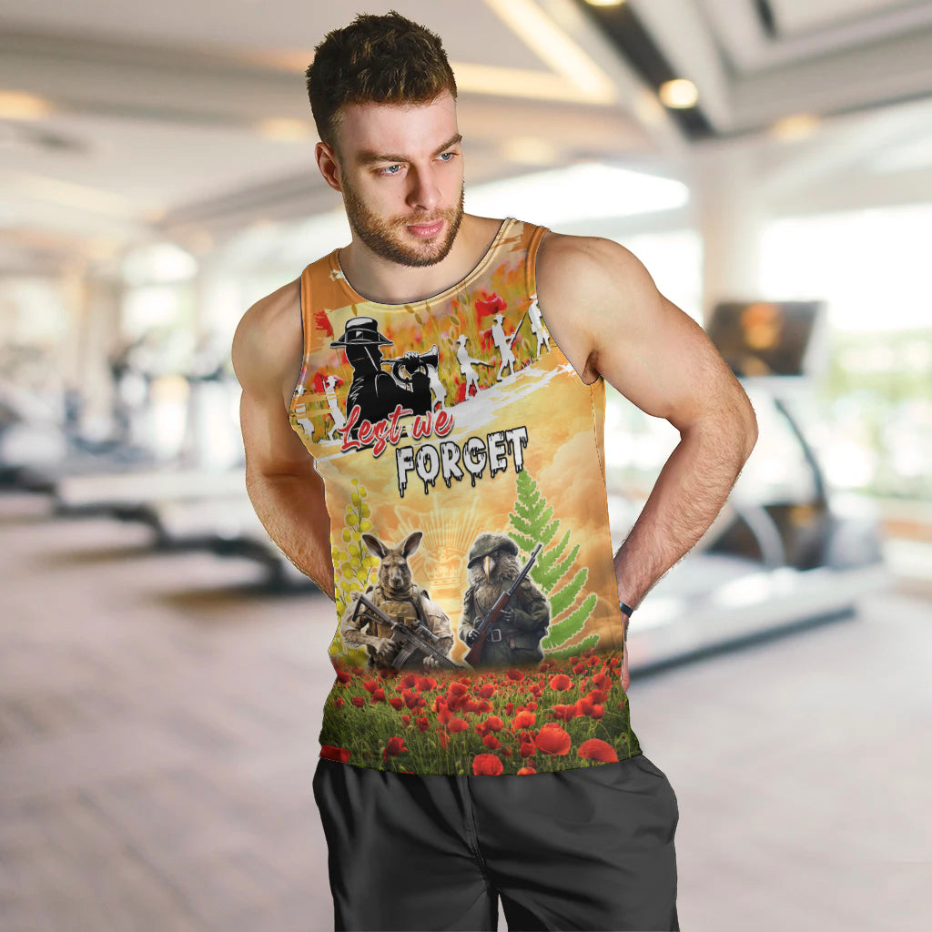 Australia And New Zealand ANZAC Day Men Tank Top Kangaroo And Kiwi Bird Soldiers Lest We Forget