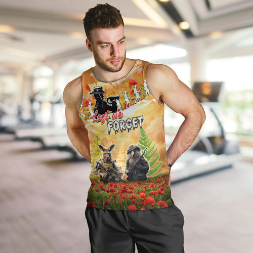 Australia And New Zealand ANZAC Day Men Tank Top Kangaroo And Kiwi Bird Soldiers Lest We Forget