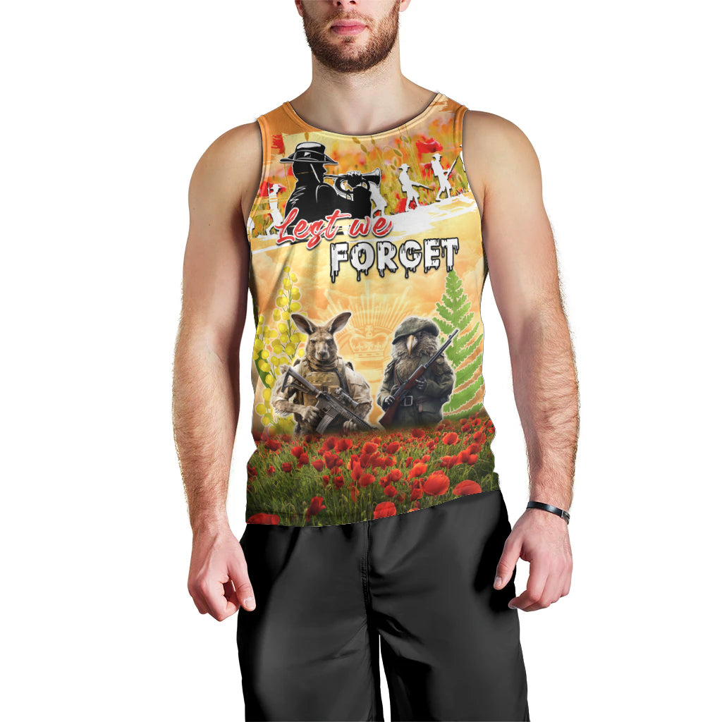 Australia And New Zealand ANZAC Day Men Tank Top Kangaroo And Kiwi Bird Soldiers Lest We Forget