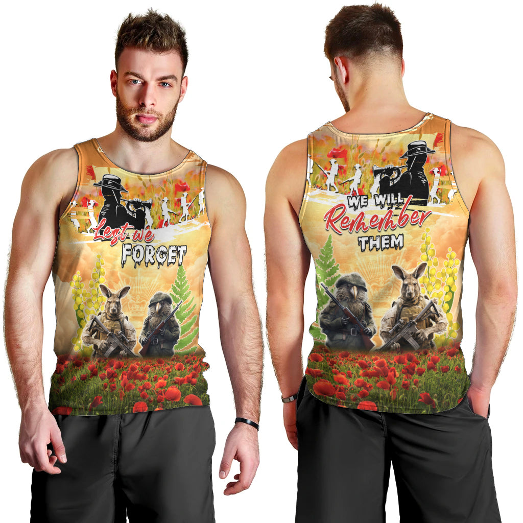 Australia And New Zealand ANZAC Day Men Tank Top Kangaroo And Kiwi Bird Soldiers Lest We Forget