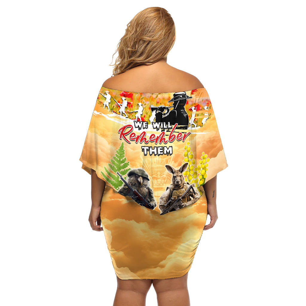 Australia And New Zealand ANZAC Day Off Shoulder Short Dress Kangaroo And Kiwi Bird Soldiers Lest We Forget