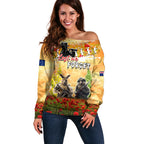 Australia And New Zealand ANZAC Day Off Shoulder Sweater Kangaroo And Kiwi Bird Soldiers Lest We Forget