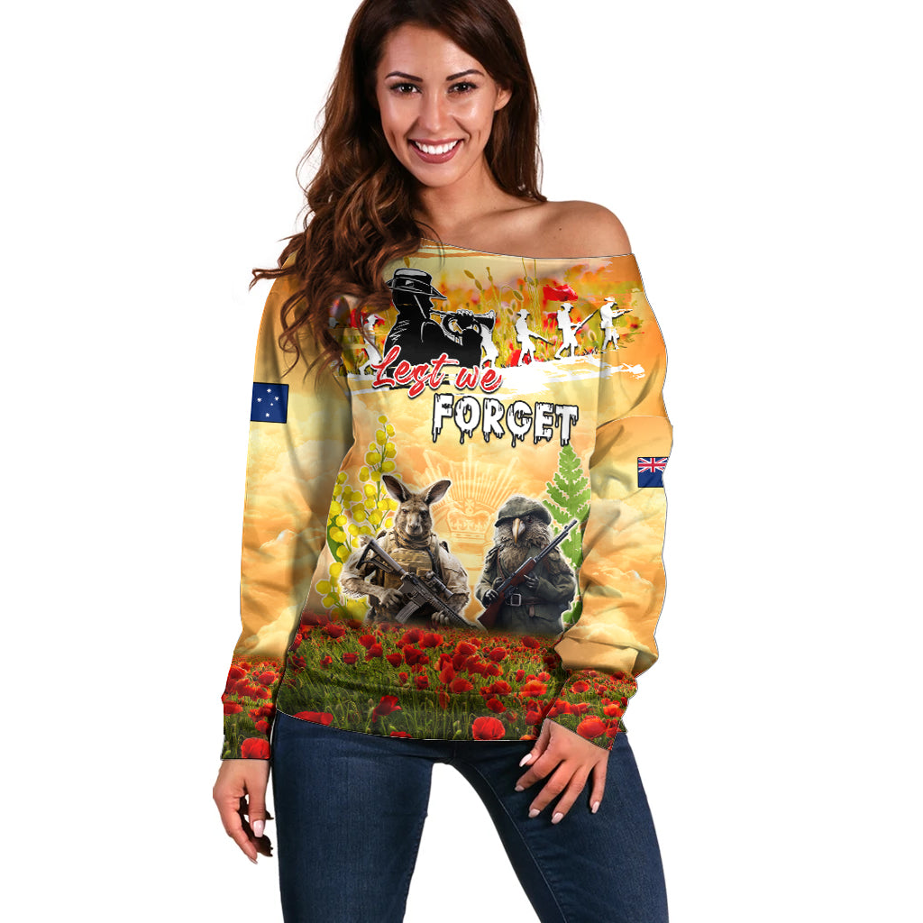Australia And New Zealand ANZAC Day Off Shoulder Sweater Kangaroo And Kiwi Bird Soldiers Lest We Forget