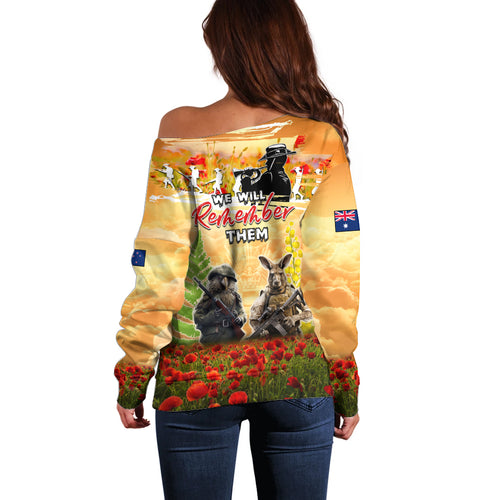 Australia And New Zealand ANZAC Day Off Shoulder Sweater Kangaroo And Kiwi Bird Soldiers Lest We Forget