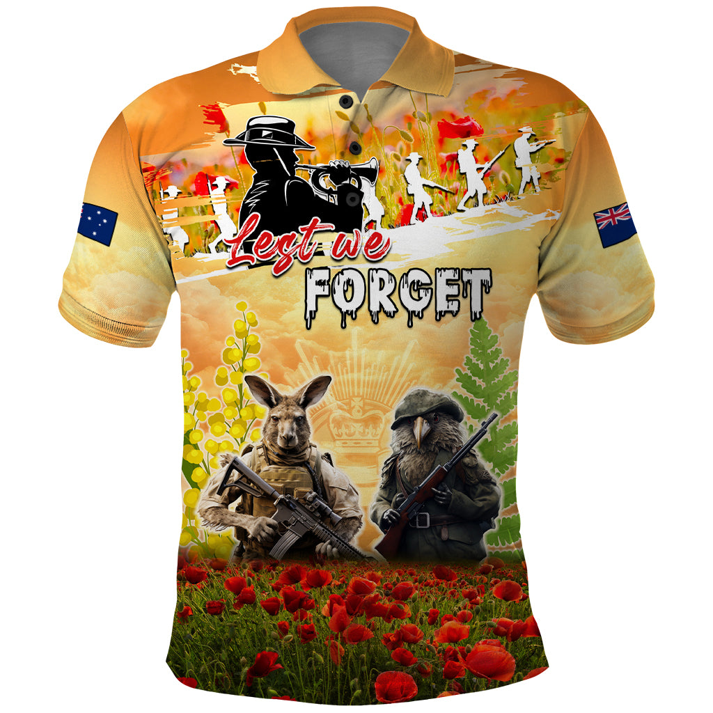 Australia And New Zealand ANZAC Day Polo Shirt Kangaroo And Kiwi Bird Soldiers Lest We Forget